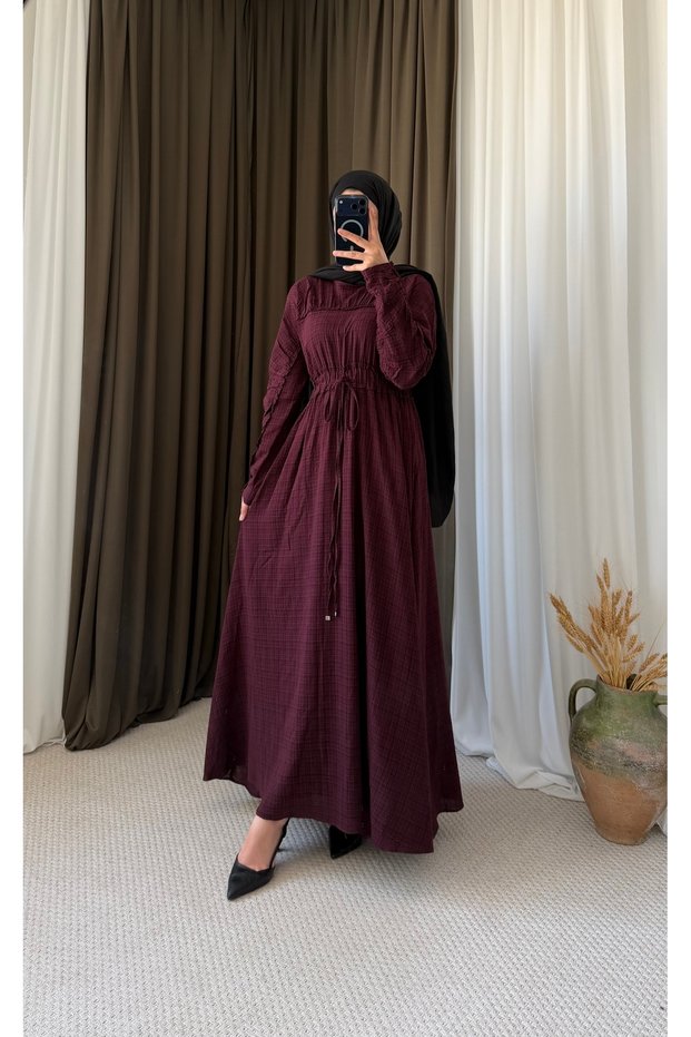 Crew Neck Drawstring Waist Dress - 5173 - Plum