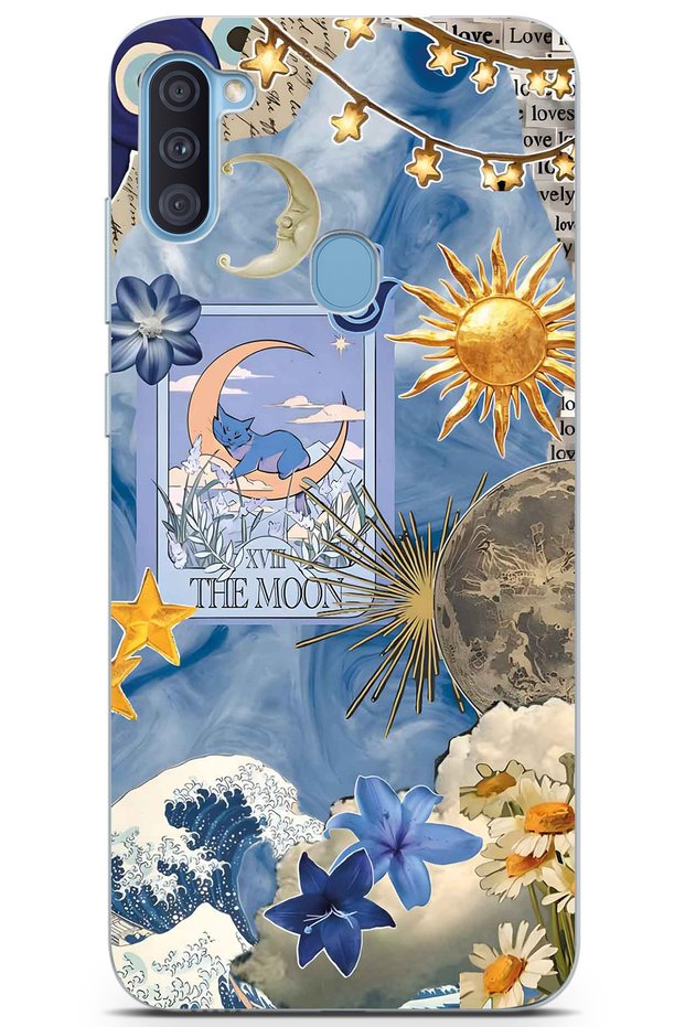 Samsung Galaxy A11 / M11 Compatible Moon Sun Vintage Sky Pattern Transparent Phone Case
