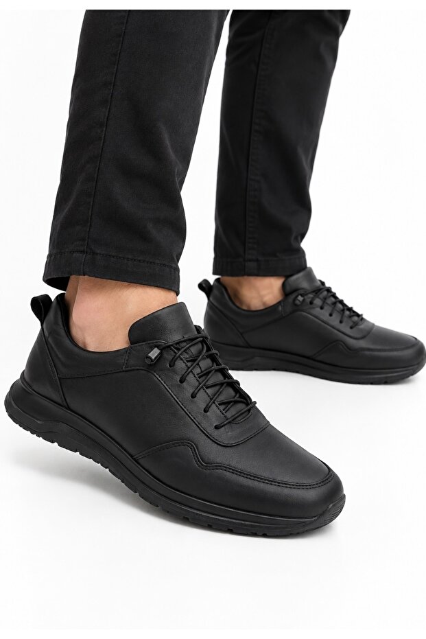 Bzc 198 Men's Black Genuine Leather Rubber Laced Orthopedic Lightweight Comfortable Soft Casual Daily Shoes