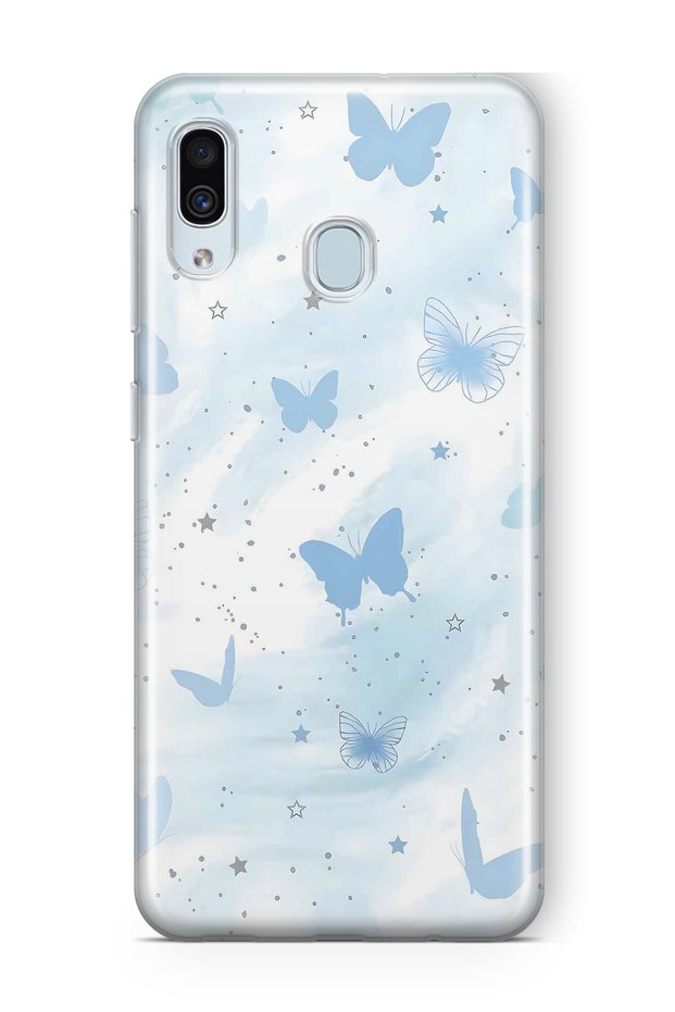 Samsung Galaxy A20 / A30 Compatible Pastel Blue Butterfly Pattern Transparent Phone Case