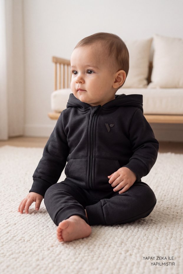 Unisex Baby 3-Yarn Hooded Jumpsuit - Cotton Lined Zippered Hooded Jumpsuit 3-24 Months