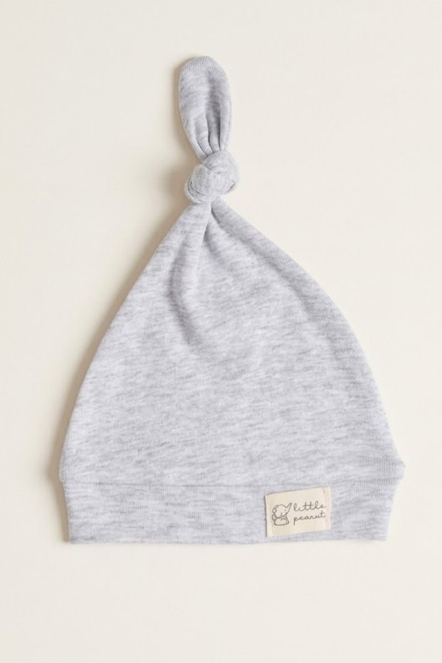 Interlock Little Peanut Elephant Embroidered Top-Tie Knotted 100% Cotton Baby Beanie Hat 0-6 Months