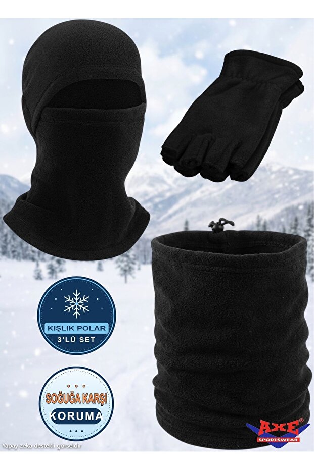 Unisex Black Winter Fleece 3-Piece Set Balaclava Neck Gaiter Fingerless Cutout Half Finger Gloves Warm Cold Weather Protector