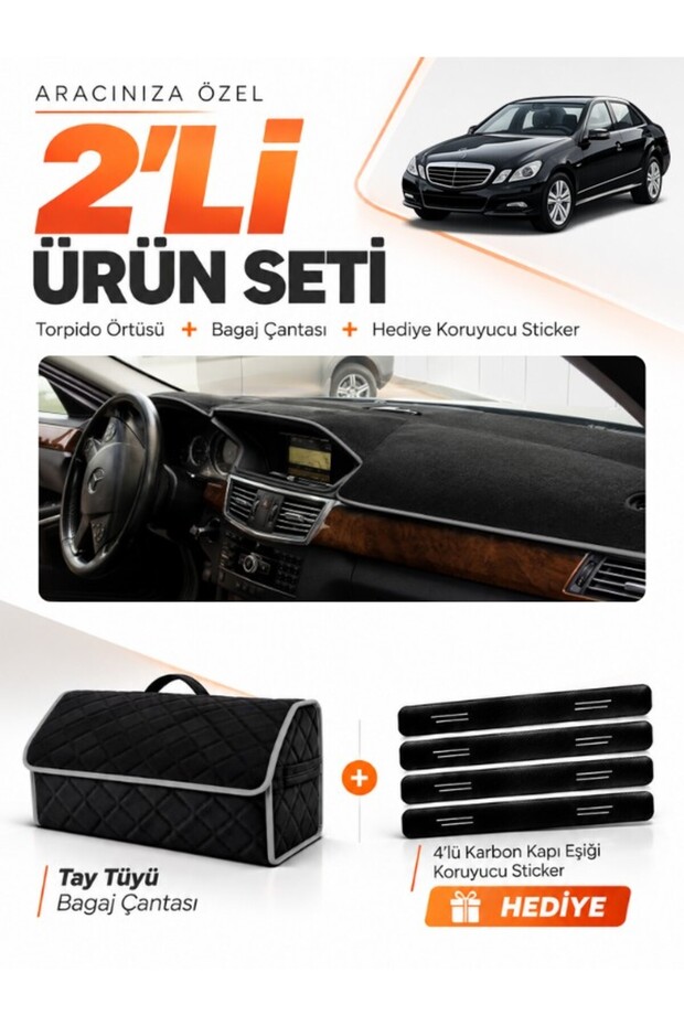 Mercedes W212 (2010-2013) Compatible Dashboard Cover + Tay Tüy Trunk Bag + Sticker Set - Mb014