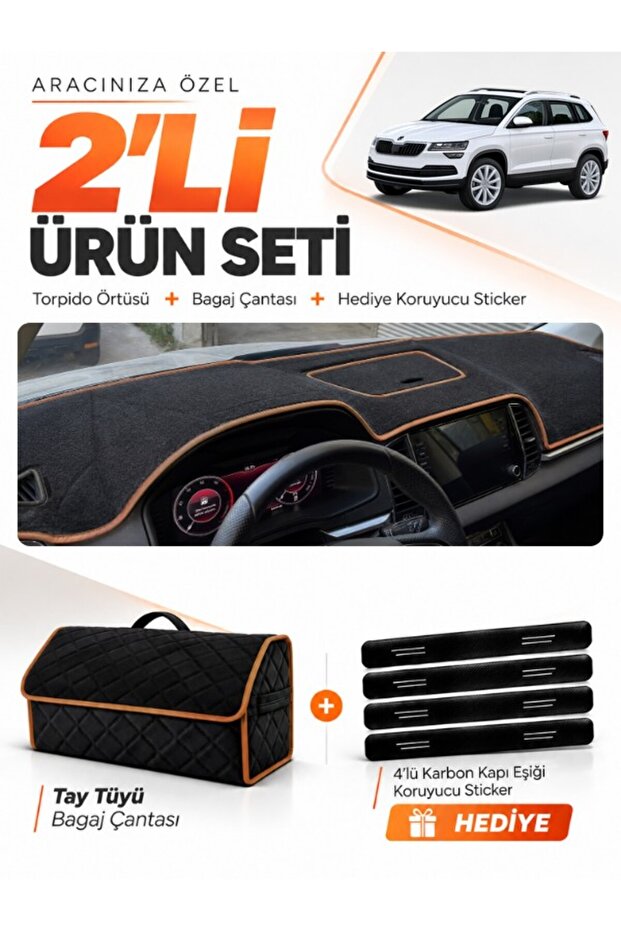 Skoda Karoq (2017-2024) Compatible Dashboard Cover + Tay Feather Trunk Bag + Sticker Set - Sk004