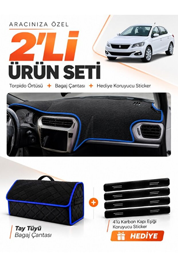 Peugeot 301 (2012-2022) Compatible Dashboard Cover + Tay Feather Trunk Bag + Sticker Set - Pe007