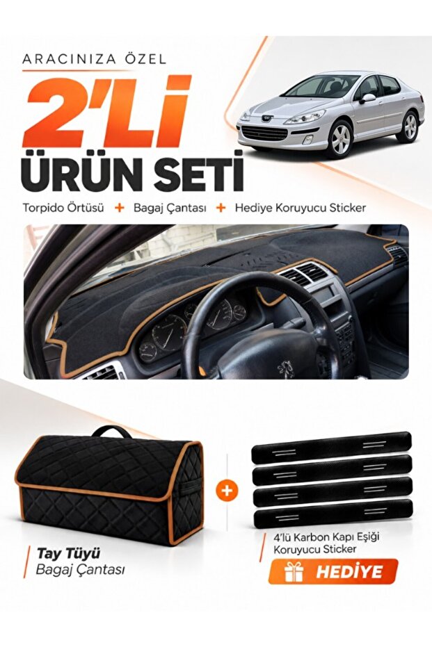 Peugeot 407 (2004-2010) Compatible Glove Box Cover + Tay Feather Trunk Bag + Sticker Set - Pe018