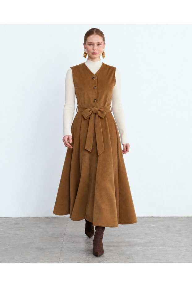 Coffee Corduroy A-Line Maxi Length Front Buttoned Belted Viola Dress