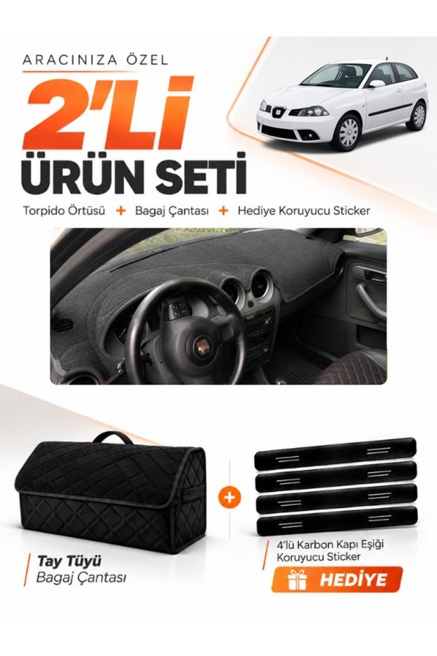 Dashboard Cover + Thai Feather Trunk Bag + Sticker Set Compatible with Seat Ibiza (2001-2008) - Se003