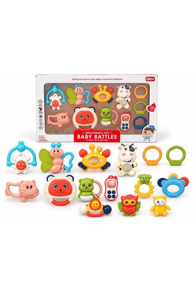 Baby Rattle Toy Set, 15 PCS Colourful Animal Rattles & Sensory Toys, Easy-Grip Handheld Developmental Toys, Early Learning Activity Set for Infants & Babies 0+ Months