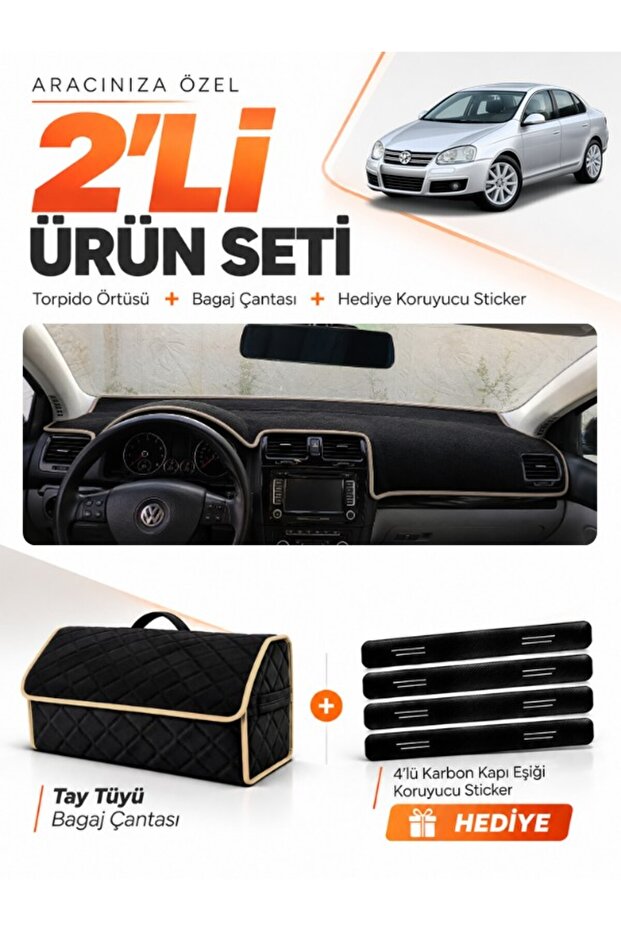 Volkswagen Jetta (2007-2011) Compatible Dashboard Cover + Tay Feather Trunk Bag + Sticker Set - Vw010