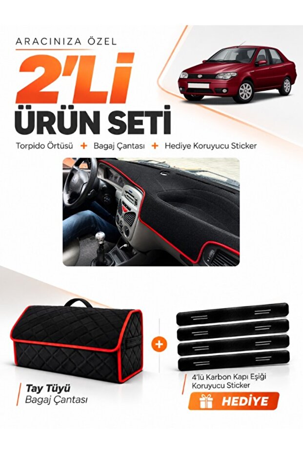 Fiat Albea (1999-2005) Compatible Dashboard Cover + Tay Feather Trunk Bag + Sticker Set - Fi002