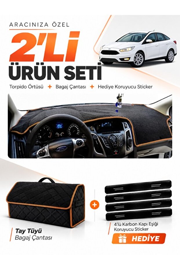 Ford Focus 3.5 Sedan (2014-2018) Compatible Dashboard Cover + Tay Tüy Trunk Bag Set - Fo012