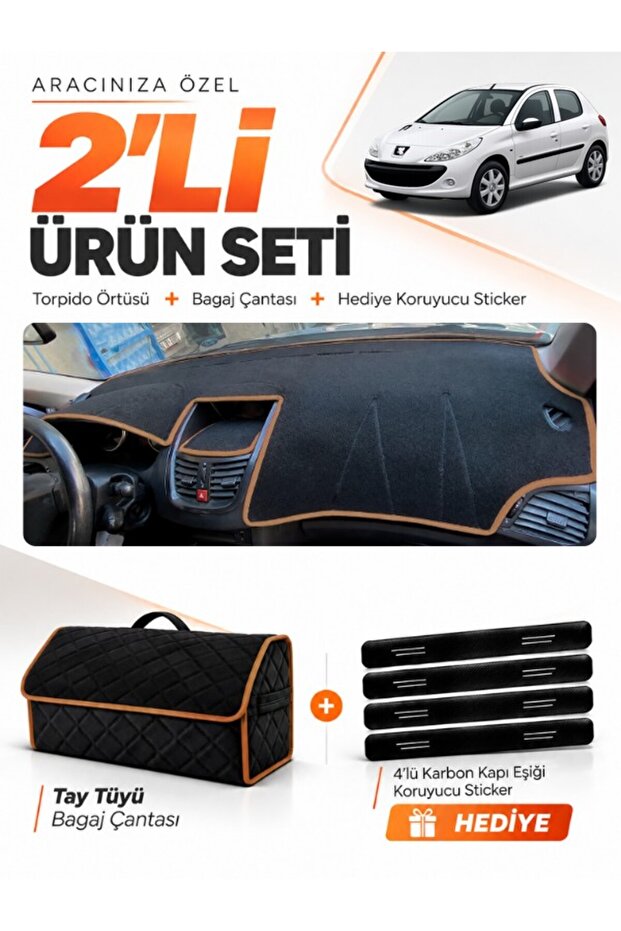 Peugeot 206+ (2009-2013) Compatible Dashboard Cover + Tay Feather Trunk Bag + Sticker Set - Pe004