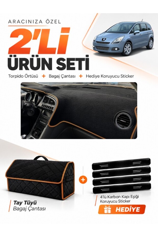 Glove Box Cover + Thai Feather Trunk Bag Set Compatible with Peugeot 5008 Without Screen (2010-2014) - Pe016
