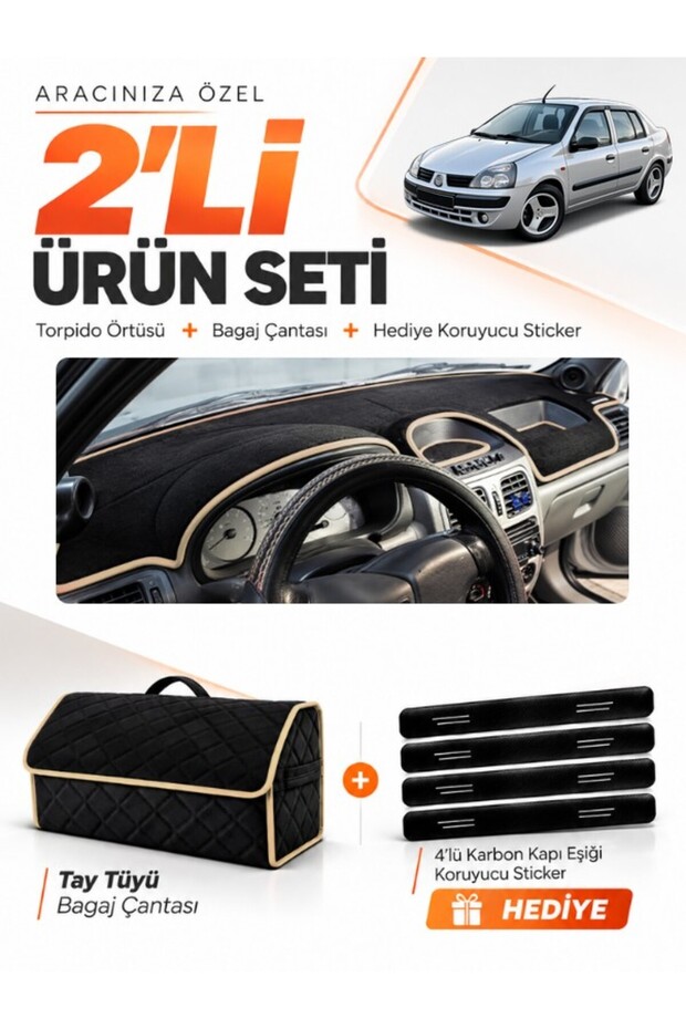 Renault Clio Symbol Ali̇ze (2002-2008) Compatible Glove Box Cover + Tay Tüyü Luggage Bag Set - Re013