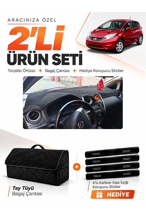 Nissan Note E12 (2009 and Later) Compatible Torpedo Cover + Tay Feather Luggage Bag + Sticker Set - Ni011