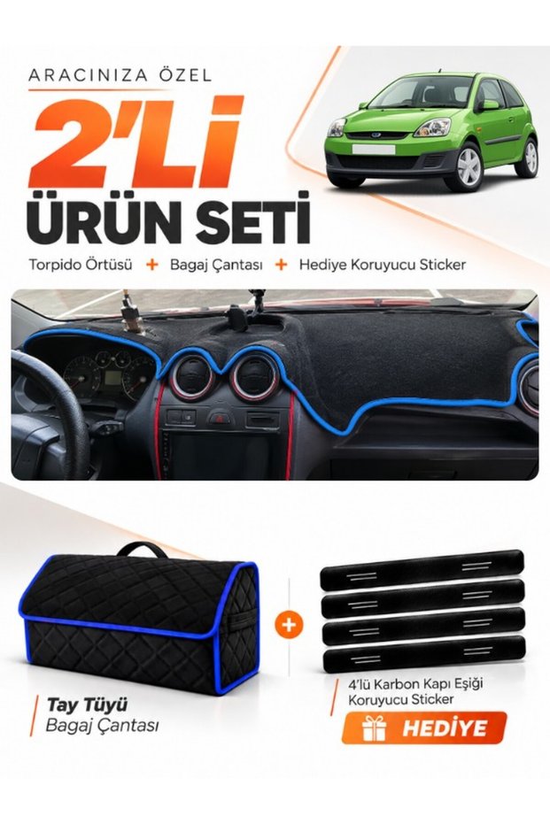 Dashboard Cover + Thai Feather Trunk Bag + Sticker Set Ford Fi̇esta Type 1 (2002-2009) Compatible - Fo007