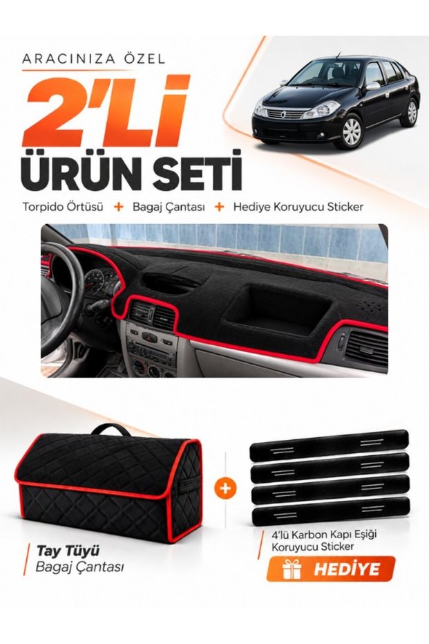 Renault Symbol Without Airbags (2008-2011) Compatible Glove Box Cover + Thai Feather Trunk Bag Set - Re029