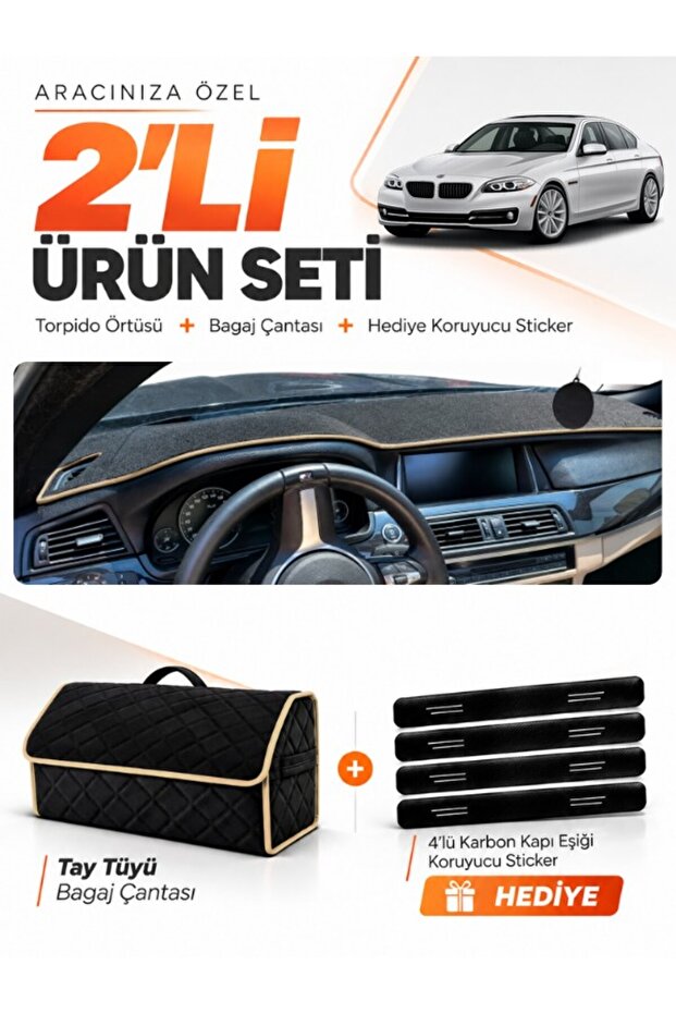 Bmw F10 (2010-2017) Compatible Dashboard Cover + Thai Feather Trunk Bag + Sticker Set - Bm004