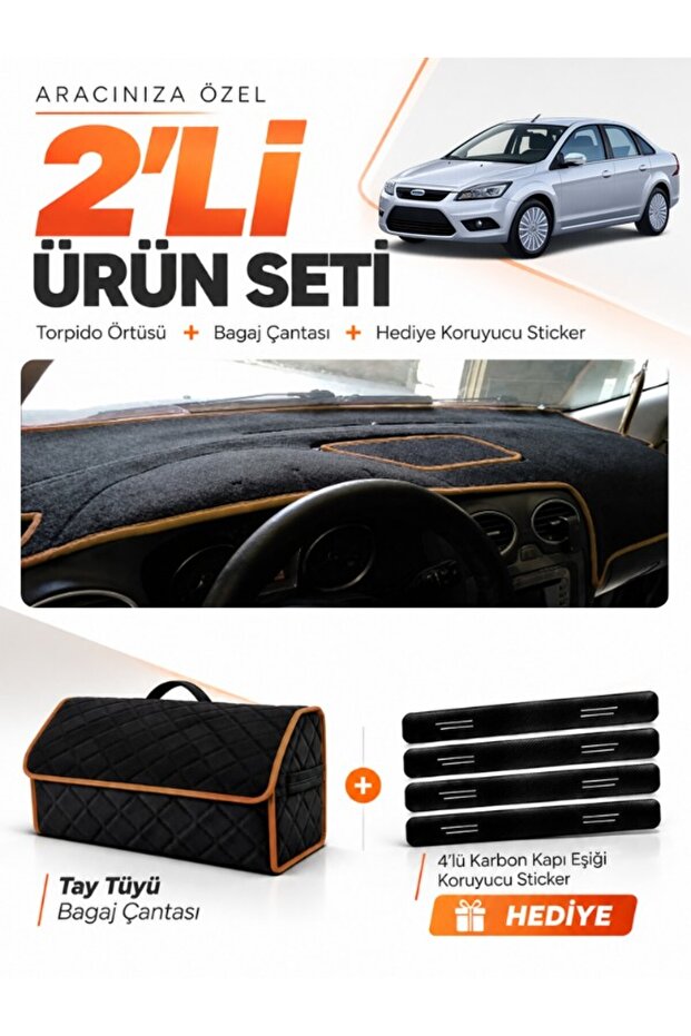 Ford Focus 2.5 Sedan Covered (2008-2011) Compatible Glove Box Cover + Tay Feather Trunk Bag Set - Fo011