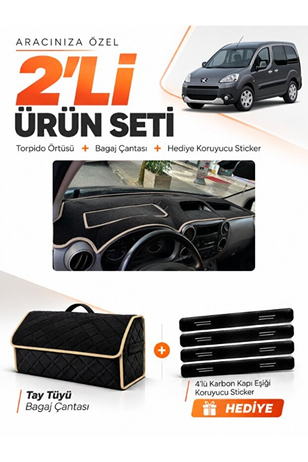 Peugeot Partner Covered (2010-2014) Compatible Glove Box Cover + Thai Feather Trunk Bag + Sticker Set