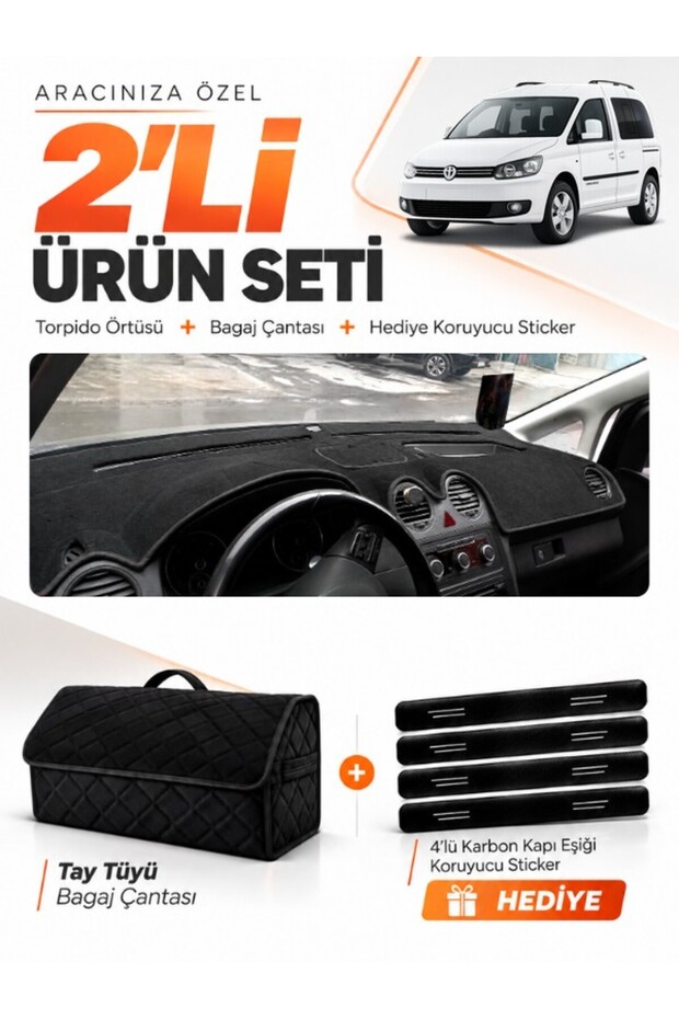 Volkswagen Caddy (2010-2015) Compatible Dashboard Cover + Tay Feather Trunk Bag + Sticker Set - Vw002