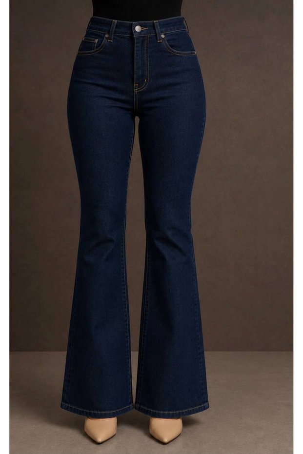 Women's Dark Blue Spanish Flare High Waist Lycra Flare Jeans Trousers Jean