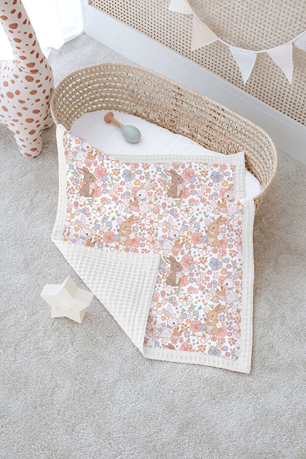 Double-Sided Baby Blanket, 100% Cotton Waffle Pique | Pillowcase with Gift - Bunny Dream - 100 X 150 cm