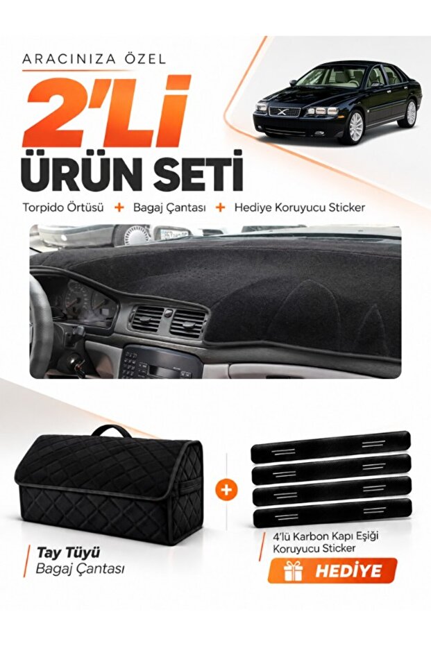 Volvo S80 (1998-2006) Compatible Glove Box Cover + Tay Feather Trunk Bag + Sticker Set - Vo004