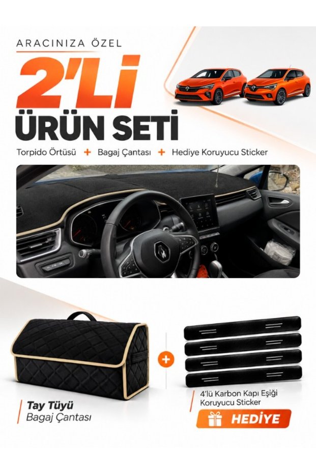 Renault Clio 5 (2019-2026) Compatible Glove Box Cover + Tay Feather Trunk Bag + Sticker Set - Re019