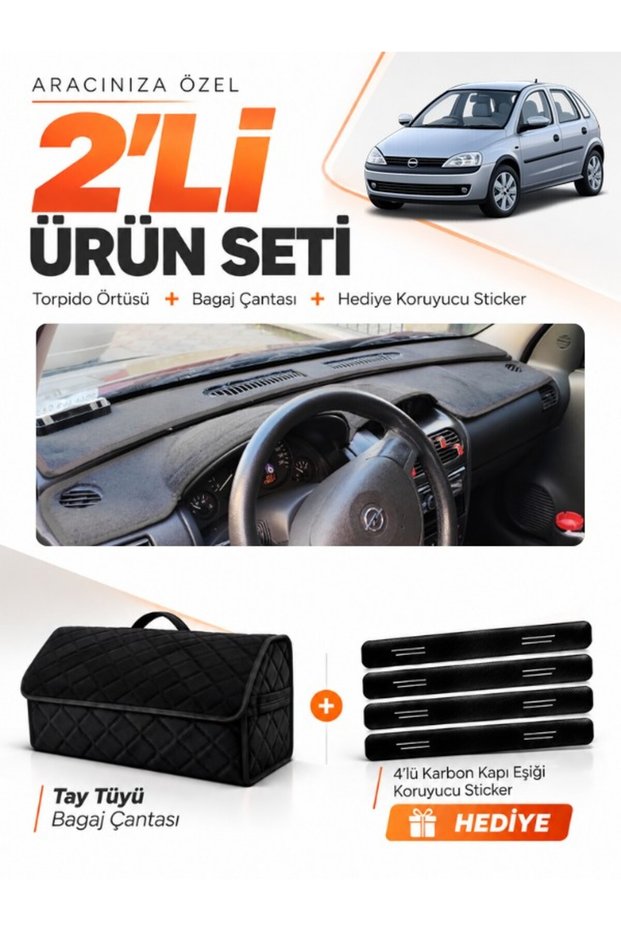 Opel Corsa C (2001-2011) Compatible Glove Box Cover + Tay Feather Trunk Bag + Sticker Set - Op007