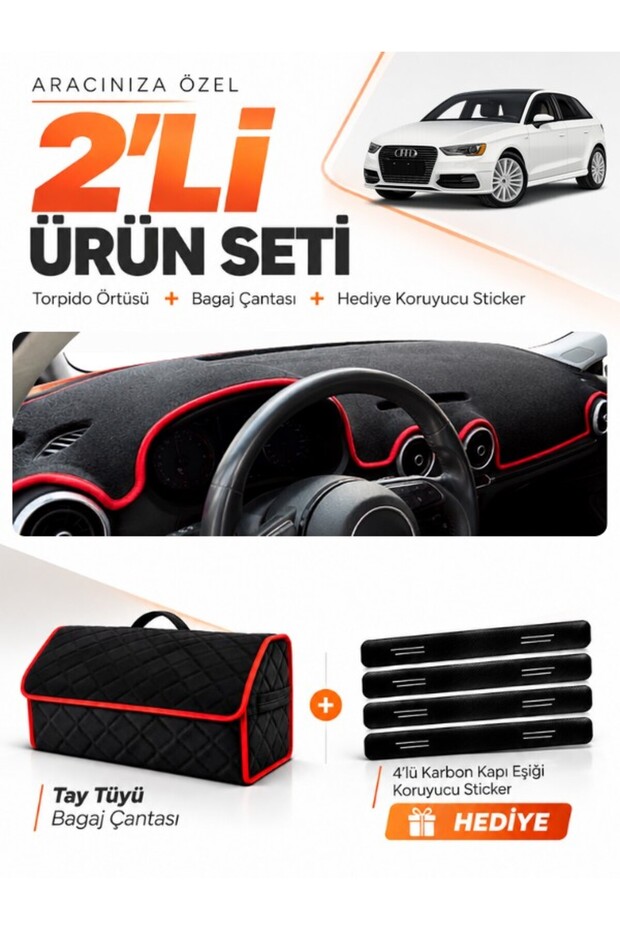 Audi A3 (2013-2020) Compatible Glove Box Cover + Tay Feather Luggage Bag + Sticker Set - Au007