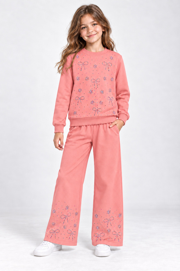 Girl's Seasonal Long-Sleeved Stone-Embellished Top and Bottom Set