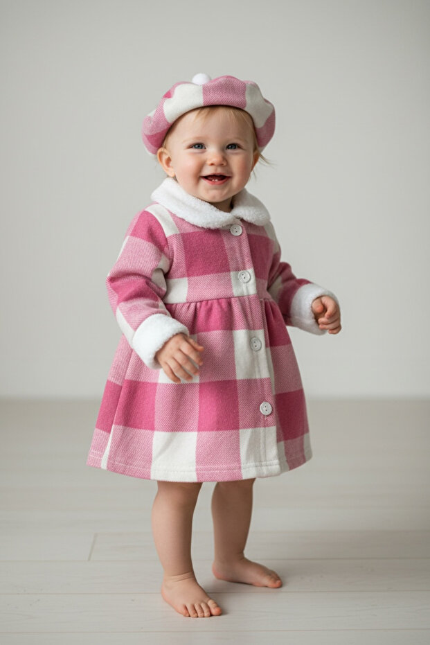 Baby Winter Dress with Hat, Plaid Pattern