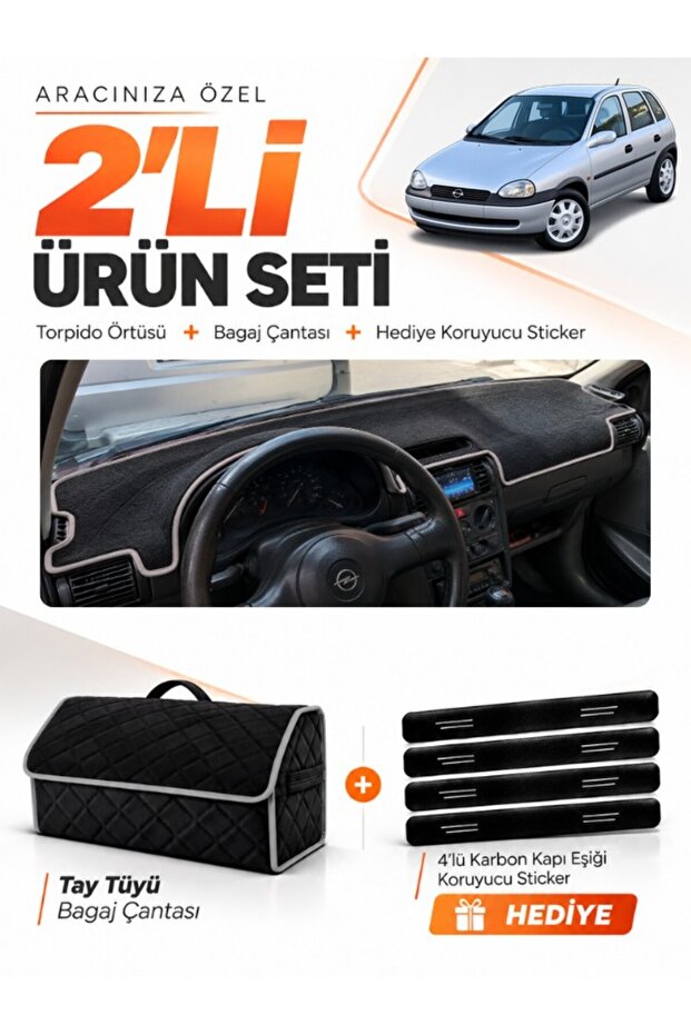Opel Corsa B (1992-2000) Compatible Glove Box Cover + Tay Tüy Trunk Bag + Sticker Set - Op006