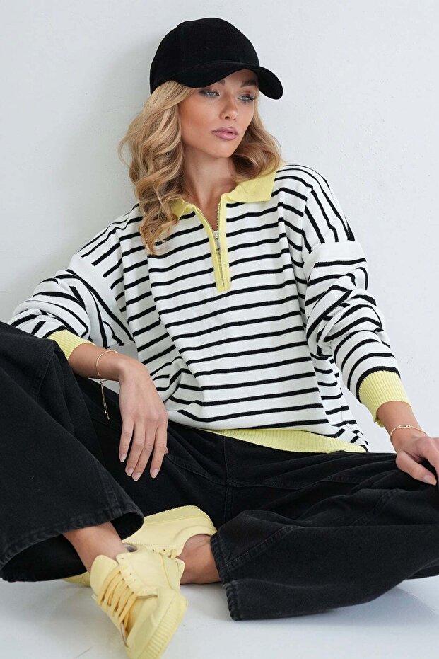 Women's Yellow Color Collared Zippered Sweater Alc-X15899