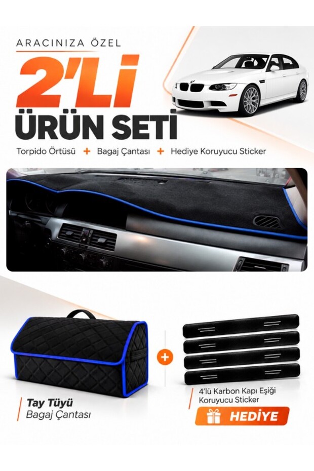 Bmw E90 (2005-2013) Compatible Dashboard Cover + Thai Feather Trunk Bag + Sticker Set - Bm003