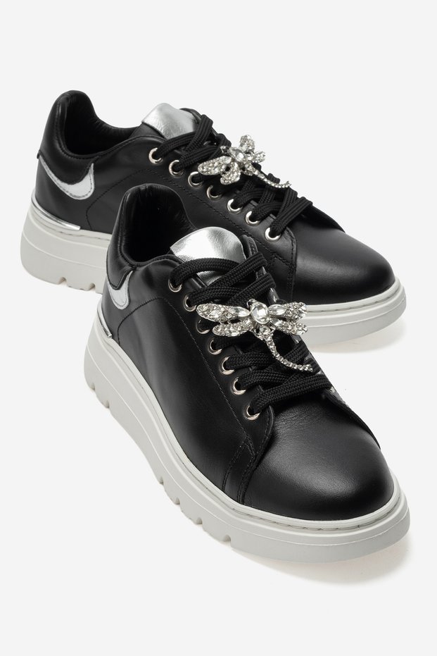 Venosa Black Skin Genuine Leather Dragonfly Buckle Women's Casual Sports Shoes