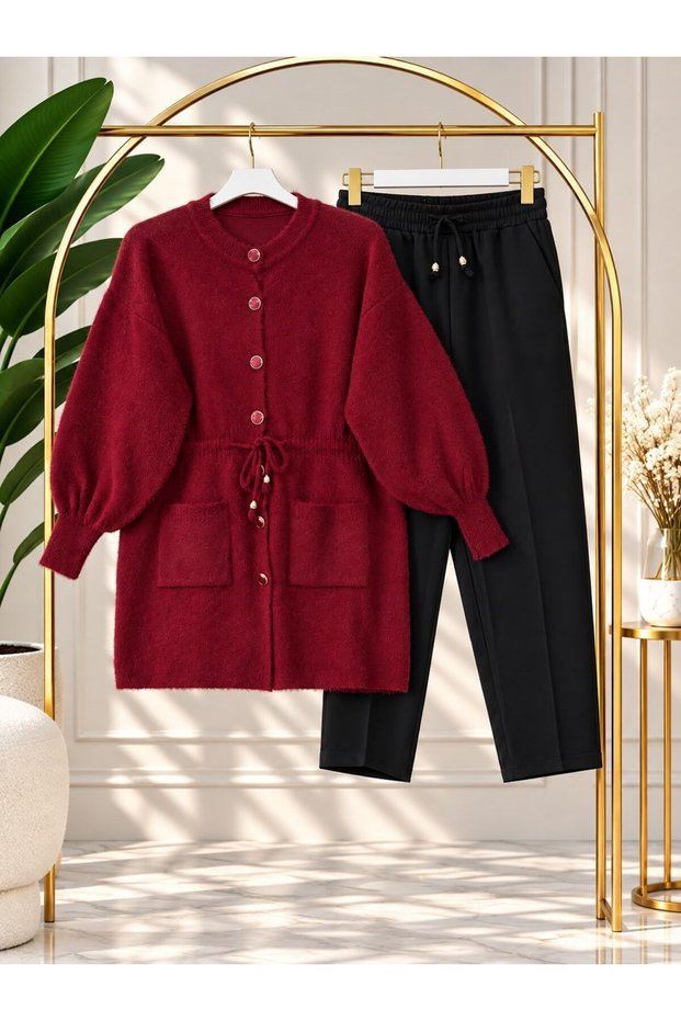 Women's Hijab Waist Gathered Buttoned Knitwear Cardigan Pants Set Burgundy