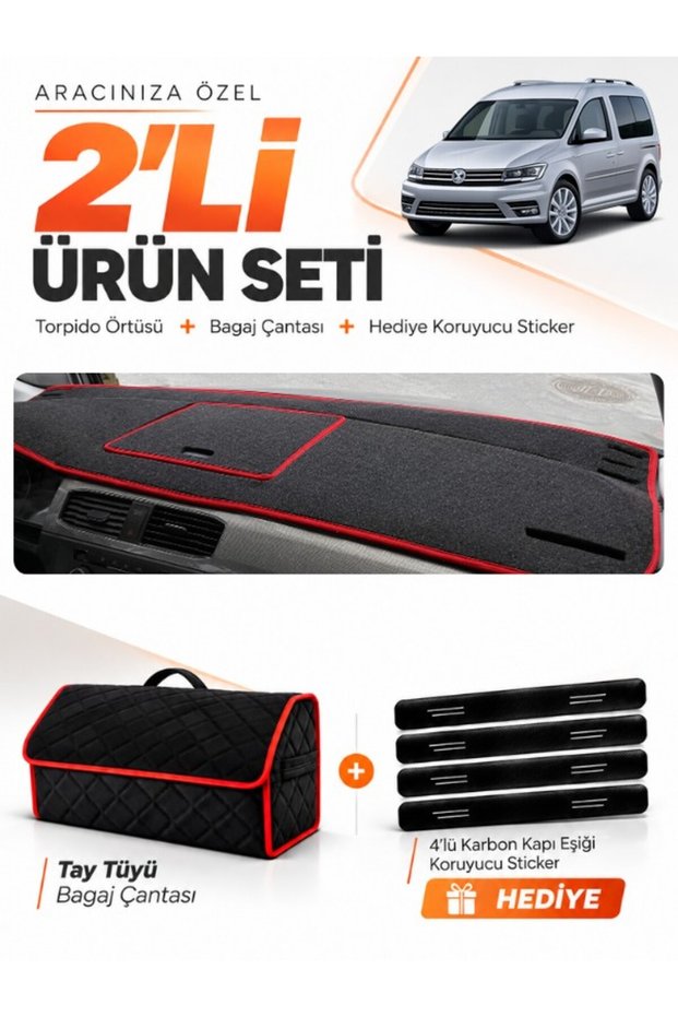 Dashboard Cover + Thai Feather Trunk Bag + Sticker Set Compatible with Volkswagen Caddy (2015-2021) - Vw003