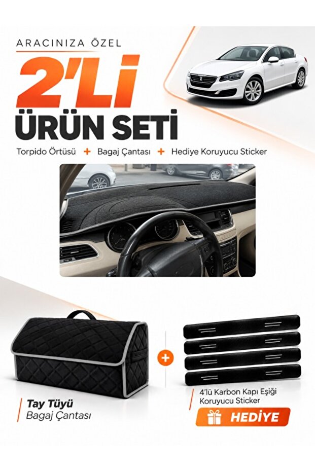 Peugeot 508 (2010-2018) Compatible Glove Box Cover + Thai Feather Trunk Bag + Sticker Set - Pe015