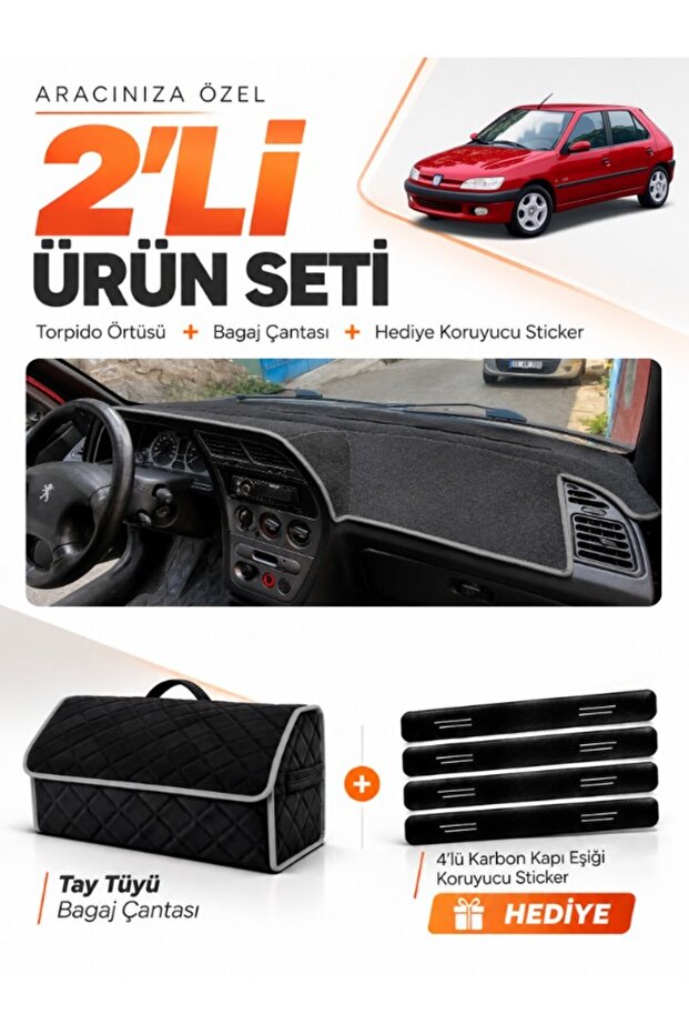 Peugeot 306 (1993-2002) Compatible Dashboard Cover + Tay Feather Trunk Bag + Sticker Set - Pe008