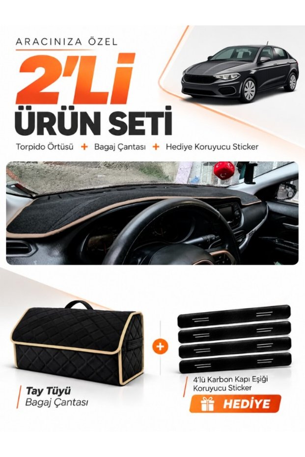 Dashboard Cover + Thai Feather Luggage Bag Set Compatible with Fi̇at Egea Sedan (2007-2021) Without Tablet - Fi011