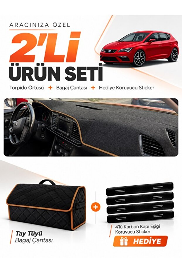 Seat Leon (2013-2020) Compatible Glove Box Cover + Thai Feather Trunk Bag + Sticker Set - Se006