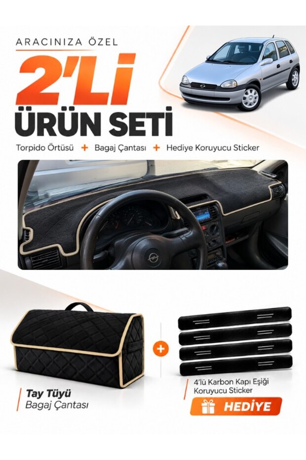 Opel Corsa B (1992-2000) Compatible Glove Box Cover + Tay Tüy Trunk Bag + Sticker Set - Op006