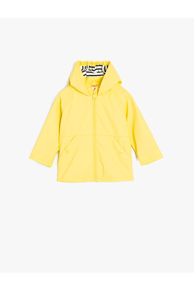 Long Sleeve Hooded Raincoat with Snap Detail