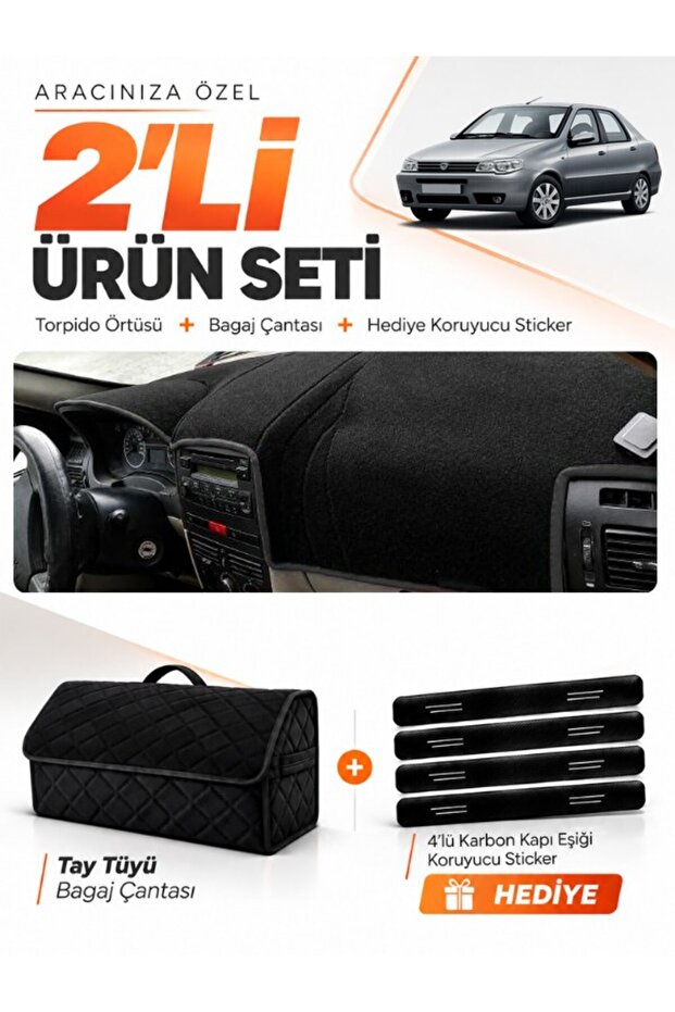 Fiat Albea (2005-2012) Compatible Dashboard Cover + Tay Feather Trunk Bag + Sticker Set - Fi003