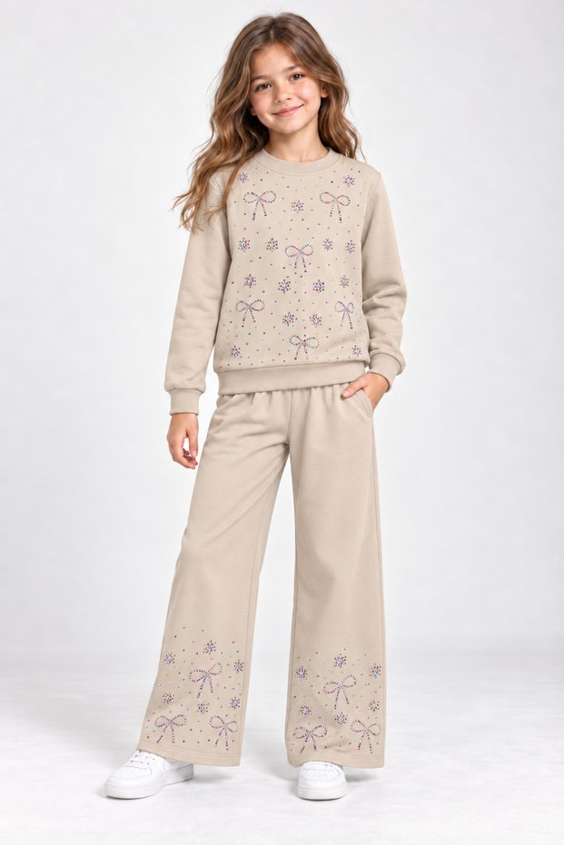 Girl's Seasonal Long-Sleeved Stone-Embellished Top and Bottom Set