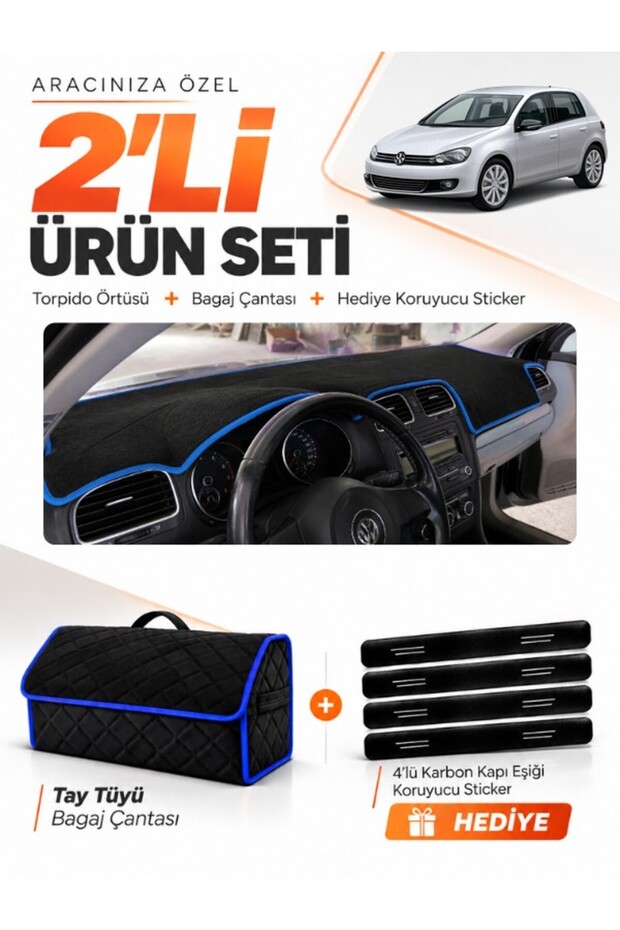 Dashboard Cover + Thai Feather Trunk Bag + Sticker Set Compatible with Volkswagen Golf 6 (2008-2012) - Vw011